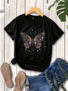 SHEIN LUNE Camiseta De Manga Corta Con Cuello Redondo Para Mujeres, Decoración De Mariposa Con Diamantes De Imitación - Negro - Ver 1