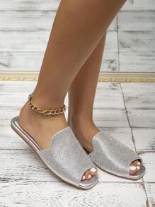 High-End Women's Elegant Silver Rhinestone Peep Toe Flat Sandals Valentines,Spring Summer Outfits - Silver - View 4