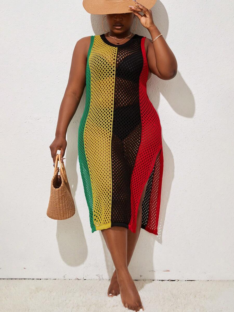 SHEIN Slayr CURVE Summer Beach Plus Size Color Block Hollow Out Knit Cover Up - Multicolor - View 1