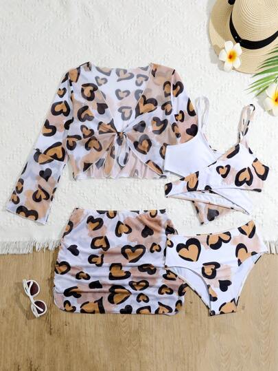 4pcs Tween Girl Heart Printed Bikini Set, Long Sleeve Bathing Suit Beach Outfit Summer Vacation Summer Beach