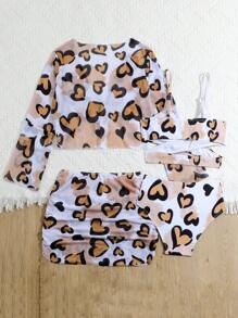 4pcs Tween Girl Heart Printed Bikini Set, Long Sleeve Bathing Suit Beach Outfit Summer Vacation Summer Beach - Multicolor - View 2