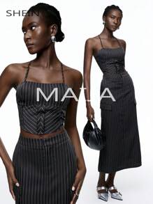 Maija Women's Stripe Pattern Camisole Top And Skirt Set - Dark Grey - View 9