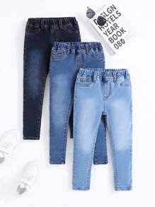 SHEIN Young Boy Elastic Washed Denim Jeans 3pcs/Set - Multicolor - View 1