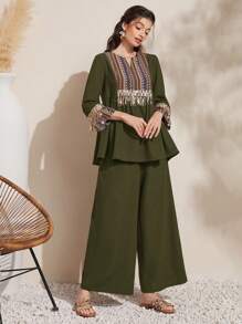 Al Najma Shiny Tassel V-Neck Casual Top And Wide Leg Pants - Army Green - View 5