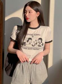 DAZY Damen T-Shirt mit Cartoon Motiv und Slogan, grafische T-Shirts