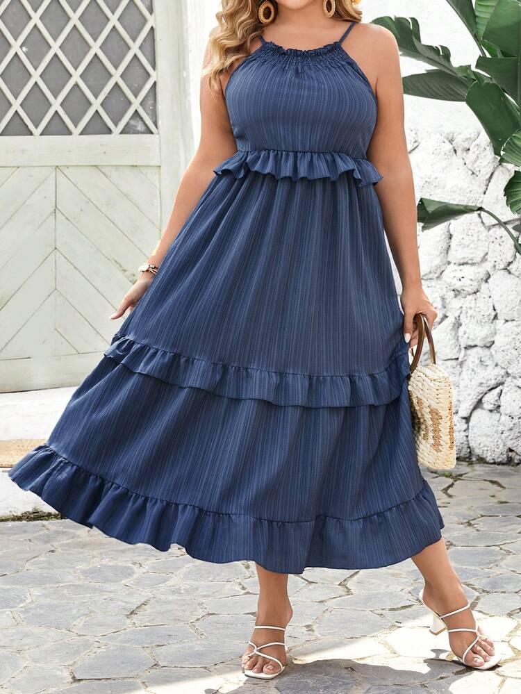Plus Size Women's Solid Color Patchwork Halter Neck Ruffled Hem Midi Dress