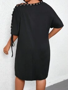 SHEIN LUNE Kích thước lớn Của phụ nữ Rắn lỏng lẻo Màu sắc Đầm Với Buộc Thiết kế - màu đen - Xem 2