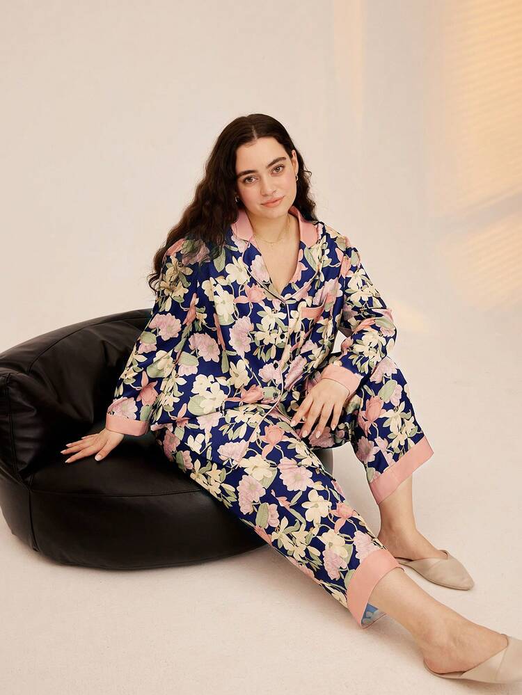Ensemble de pyjama long en satin à fleurs grande taille pour femmes, tenue de détente, vêtements d'automne