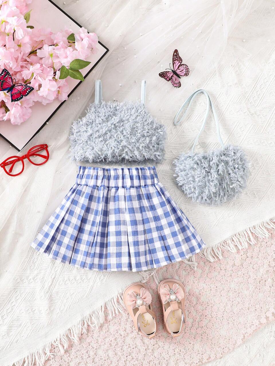 Baby Strap Top & Plaid Skirt Set