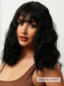 女士合成耐熱卷髮假髮,自然黑色長20英寸,整體機器製造,適用於日常使用 - 黑色 - 查看 2