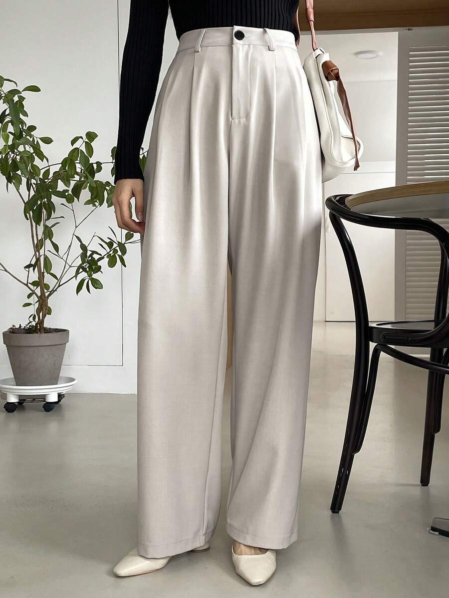 DAZY Casual Plain Color Wide-Leg Pants,Women Dress Pants - Khaki - View 1