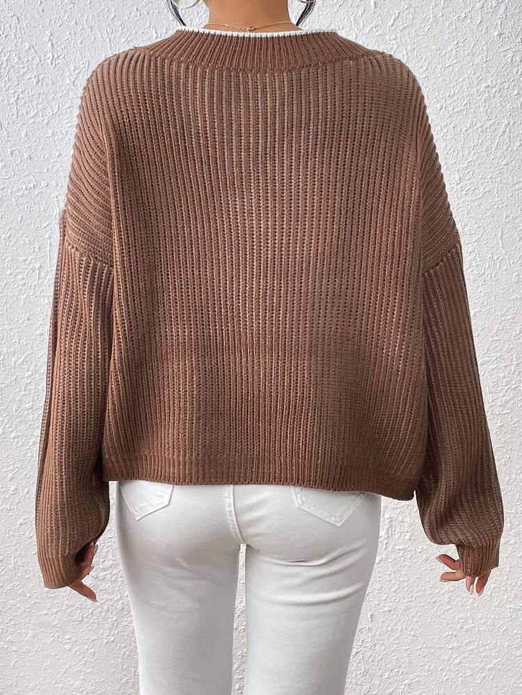 Women's Simple Contrast Trim Long Sleeve V-Neck Pullover Sweater, Knit Pullover Fall Winter