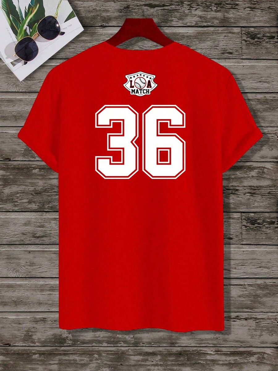 Aesthetic Post 男士棒球數字印花圓領短袖t恤 - 紅色 - 查看 1