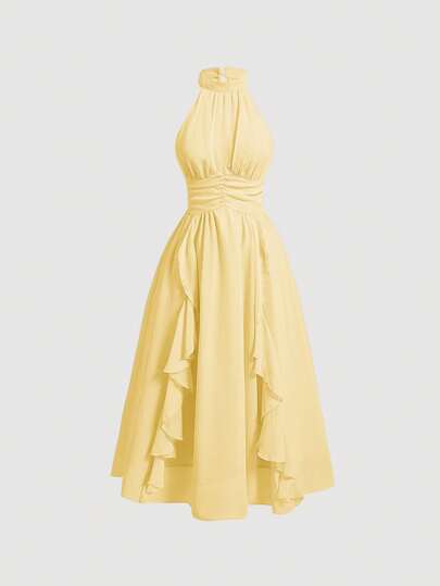 SHEIN MOD Solid Ruffle Trim Halter Neck Ruched Waist Pink Summer Dress,Pastel Dresses For Women, Wedding Guest Dress