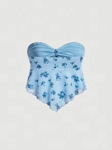 SHEIN MOD Áo hở vai in họa tiết hoa nhỏ xinh cho nữ - Màu xanh nhạt - Xem 2