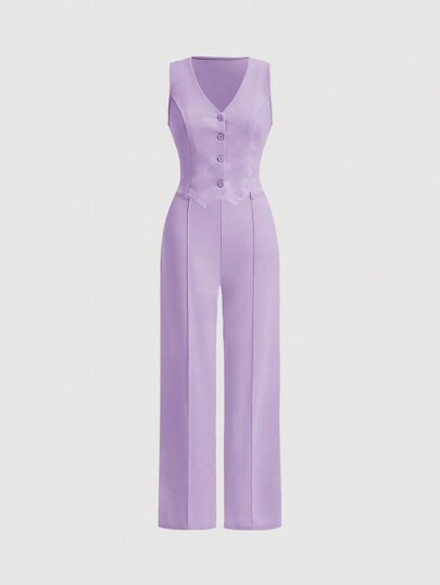 SHEIN MOD Lilac Date Night Front Buckle V-Shaped Hem Solid Button Front Vest Jacket & Seam Front Pants Two Pieces Set