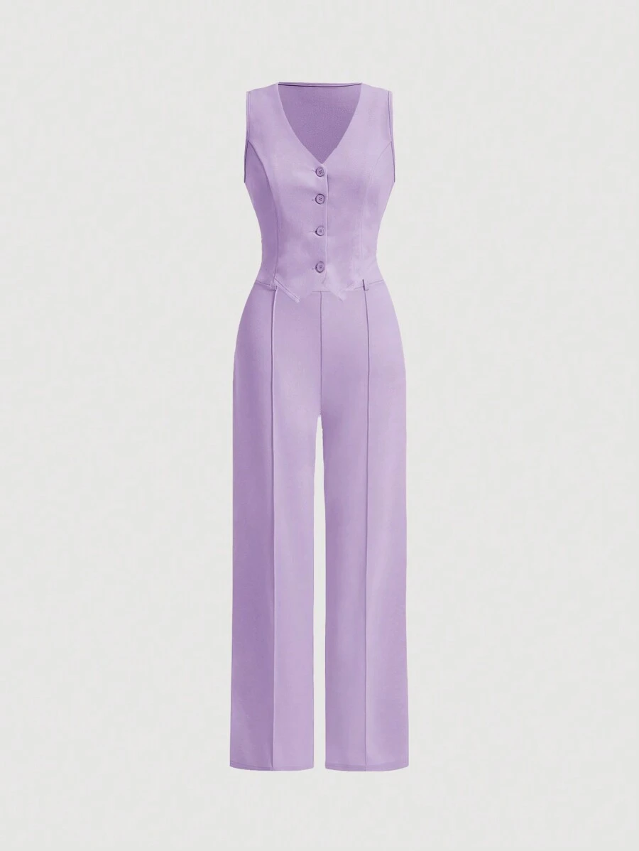 SHEIN MOD Lilac Date Night Front Buckle V-Shaped Hem Solid Button Front Vest Jacket & Seam Front Pants Two Pieces Set - Mauve Purple - View 1