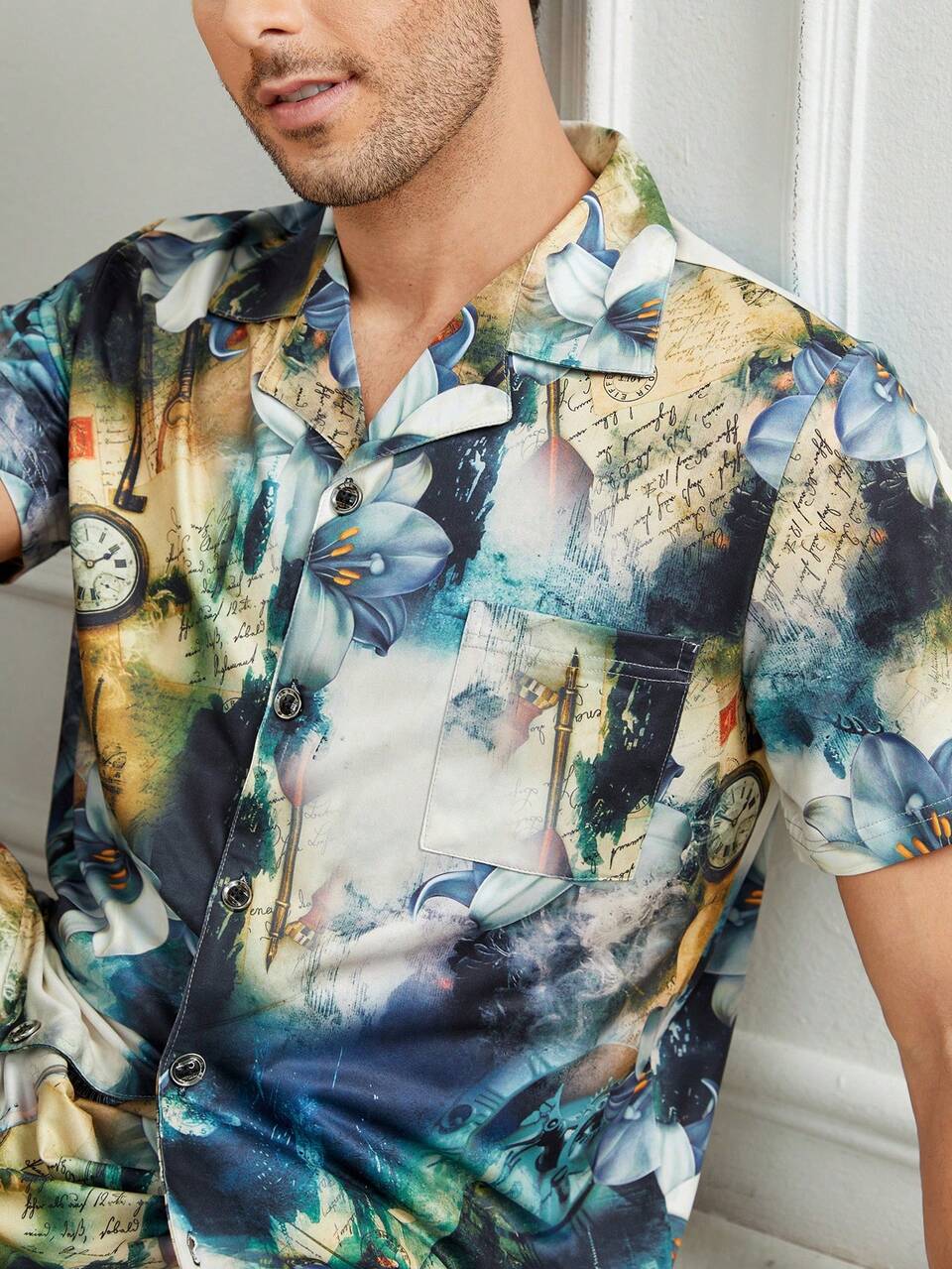 Men's Floral Printed Short Sleeve Shirt And Shorts Homewear Set