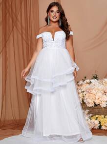 Plus Size Off Shoulder Sparkly Tulle Wedding Dress With Sequin Detail - White - View 3