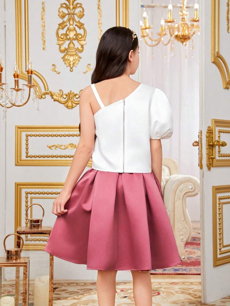 Tween Girl Twin Girl's Casual Two Piece Set, One Shoulder Puff Sleeve Top & A-Line Skirt With 3d Floral Embellishment