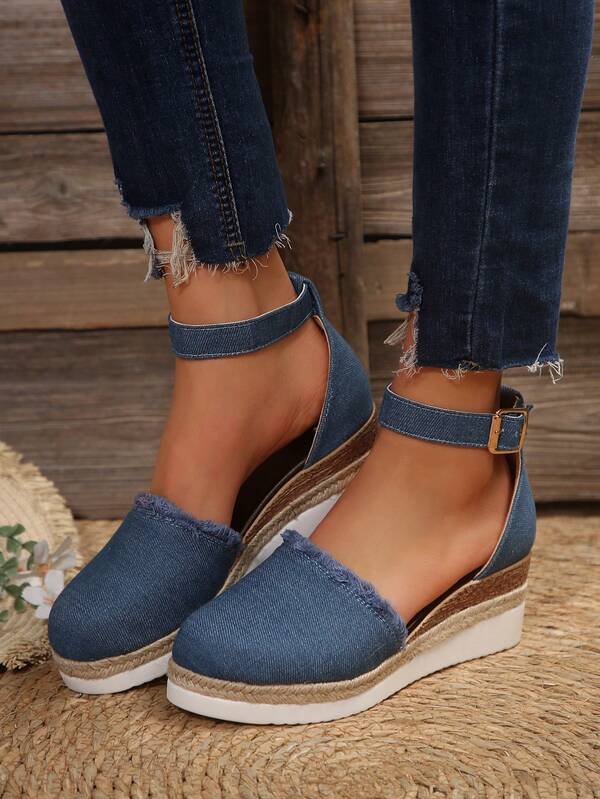 Women's Comfortable Outdoor Denim Fringed Wedge Heel Platform Sandals For Summer