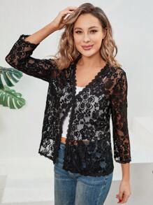 Women's Fashionable Versatile 3/4 Sleeve Lace Jacket - Black - View 4