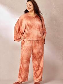 LUVLETTE Set de pijamale lungi pentru femei Vacation Plus din satin Tie-Dye cu mâneci liliac