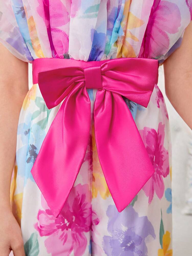 Tween Girl Floral Print Casual Jumpsuit With Ruffle Hem And Large Bow Decoration