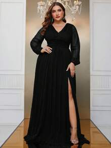 YISIKADO Plus Size Long Sleeve Solid V-Neck Dress With Side Split - Black - View 1
