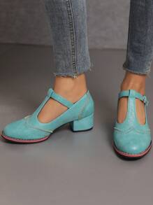 复古烧花T字带粗跟蓝色鞋，适合春秋季穿着，优雅 - 水鴨藍 - 查看 3