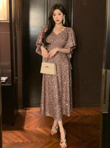 DAZY 女士闪亮荷叶边短袖A字返校礼服，新年舞会派对女士吊带裙亮片优雅女士嘉年华连衣裙 - 粉色 - 查看 2