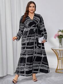 Modelyn Kích thước lớn Của phụ nữ Tròn Vòng cổ In Tay áo dài Đầm - màu đen - Xem 3