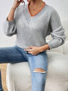 Chiquease Suéter casual con cuello en V y hombros caídos, con ribete de contraste, tejido, para otoño e invierno - Gris - Ver 4