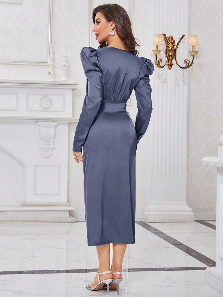 Women's Leg Of Gigot Sleeve Pleated Dress Long Evening Dresses