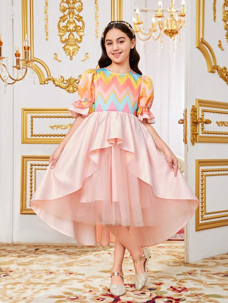 Tween Girls' Casual Wave Striped Pattern & Puff Sleeve Asymmetrical Hem Dress With Floral Patchwork