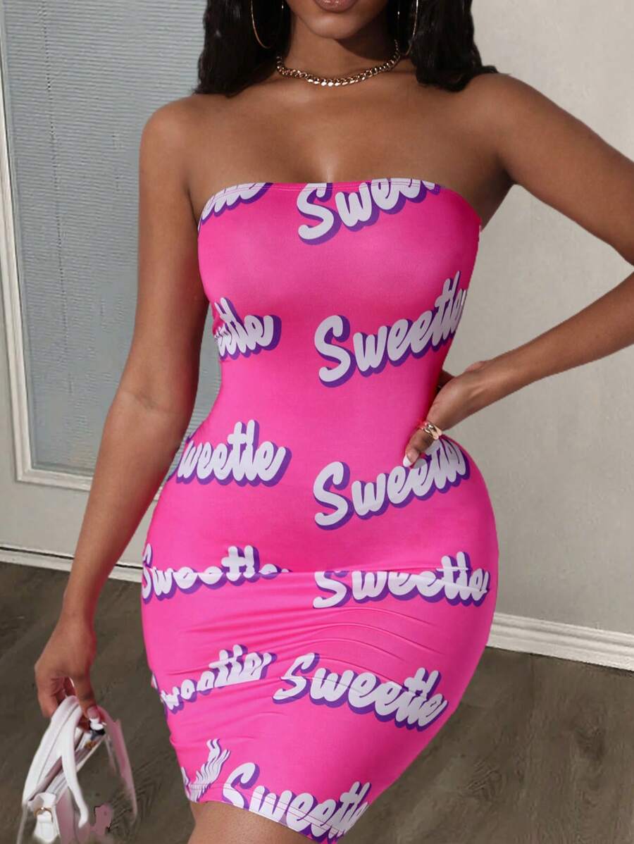 Slaydiva Letter Graphic Tube Bodycon Dress - Multicolor - View 1