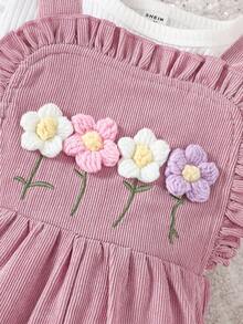 SHEIN Vintaside Kids Baby Girl 2pcs/Set Corduroy Embroidered Jumpsuit With 3d Floral Details And Matching Hat - Pink - View 5
