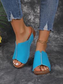 女士夏季休閒楔形高跟v形厚底拖鞋,黑色或白色實色時尚涼鞋 - 淺藍色 - 查看 2