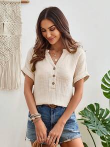 SHEIN LUNE Women' Solid Color Notched Neck Batwing Sleeve Shirt - Apricot - View 4