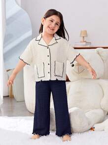 SHEIN Young Girl Loose And Cute Color-Blocking Collar-Turned Short Sleeve Shirt And Wide Leg Pants Pajama Set, 2pcs - Navy Blue - View 4