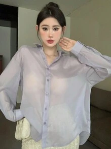 Dazy Designer 女式配領長袖襯衫,後開叉設計 - 紫色 - 查看 3