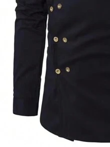 Calvornis Camicia casual da uomo a tinta unita con doppio petto, maniche lunghe e colletto, adatta per il lavoro, affari, autunno, formale, cerimonie - nero - Visualizzare 3