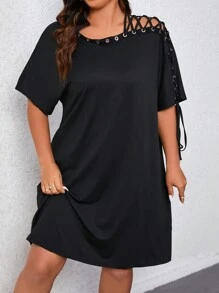 SHEIN LUNE Kích thước lớn Của phụ nữ Rắn lỏng lẻo Màu sắc Đầm Với Buộc Thiết kế - màu đen - Xem 3