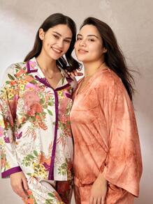 LUVLETTE Set de pijamale lungi pentru femei Vacation Plus din satin Tie-Dye cu mâneci liliac