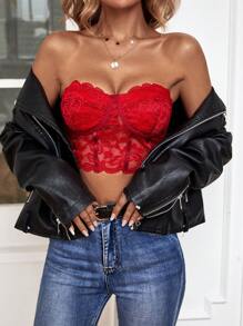 SHEIN Privé Top Corto De Encaje De Color Sólido Con Diseño Sin Tirantes Para Mujeres - Burdeos - Ver 4