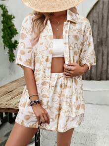 PoPoHouse 女士两件套夏季套装，波西米亚风休闲时尚装扮，度假沙滩套装，碎花短袖衬衫和短裤套装，女士度假服饰