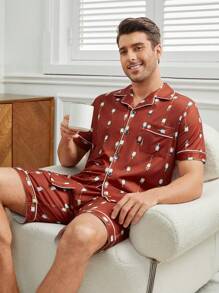 Men's Full Print Contrast Piping Homewear Set - Red - View 1