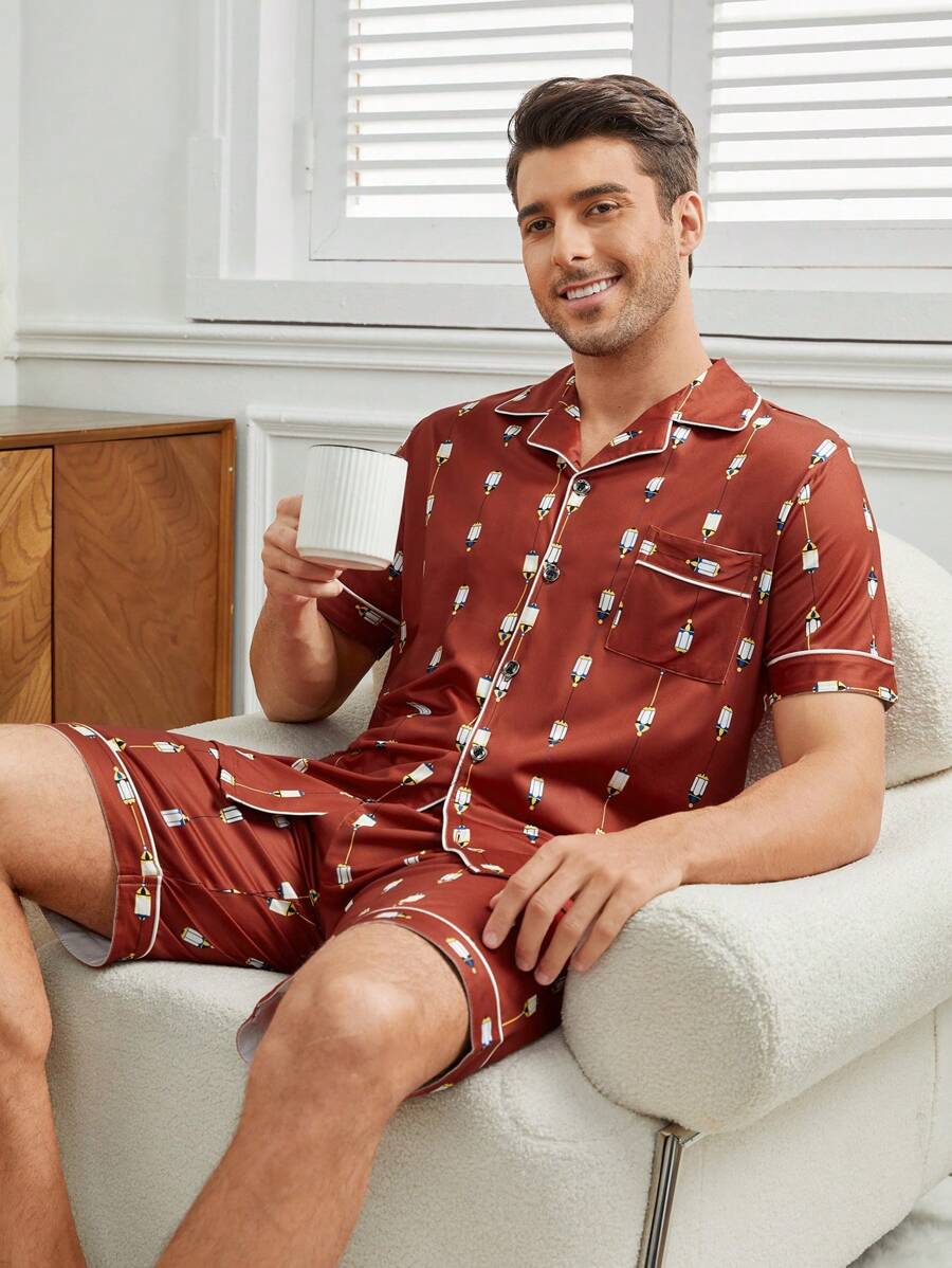 Men's Full Print Contrast Piping Homewear Set - Red - View 1