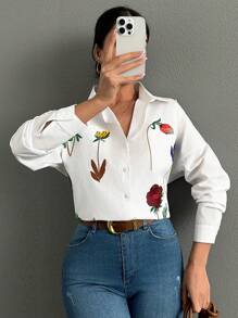 EURMUSE Oversized Embroidered Flower Pattern Casual Long Sleeve Shirt - White - View 4