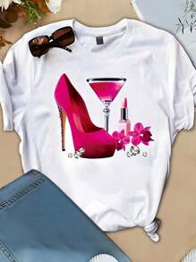 INAWLY Valentine's Day Atmosphere Realistic Printing Casual Women T-Shirt Graphic Tees Women Tops - White - View 3